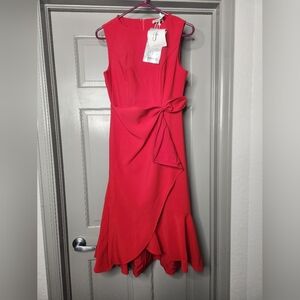 Fehaute Red Sleeveless Midi Elegant A-line Dress with Waist Twist for Day-to-Nig